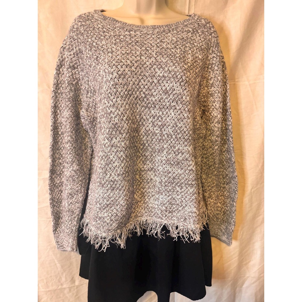 Joie Basketweave Knit Sweater Womens Medium Grey Fringe Hem Pullover - Picture 2 of 5